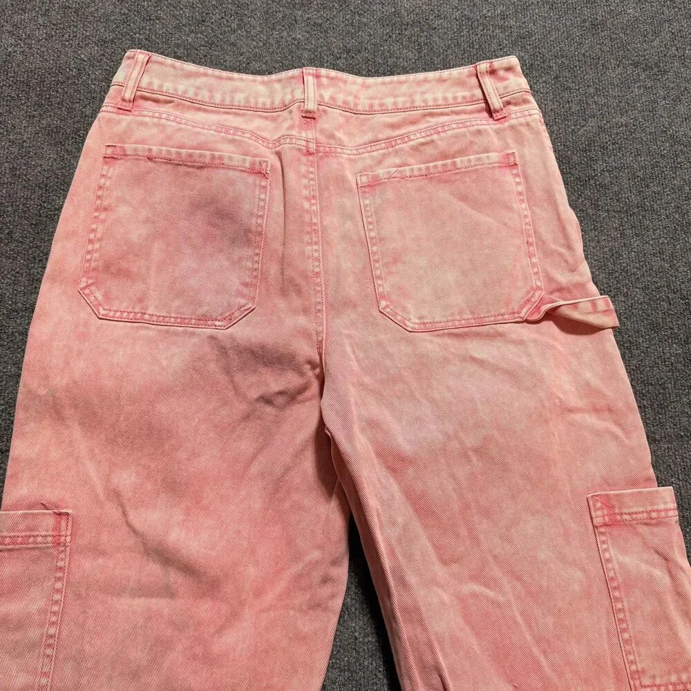 Full Tilt Jeans Women's 32 Pink Light Wash High Rise Straight Cargo Relaxed Fit